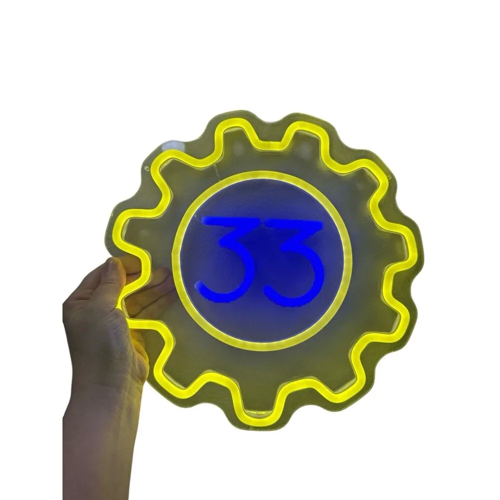 Fallout Vault 33 Neon Sign Yellow & Blue Gear USB Dimmable 11.5